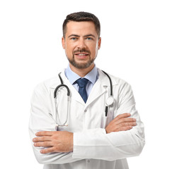 Portrait of male doctor on white background