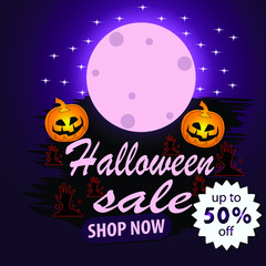 Halloween sale, up to 50% off, modern discount banner with full moon, old castle and pumpkin Jack.editable text