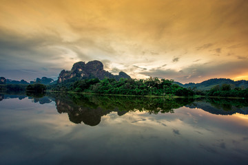 Natural background of a large reservoir in Krabi,Thailand(Nong Thale)atmosphere surrounded by mountains,trees of various sizes, blown through the wind,blurred cool during the day,a viewpoint of travel