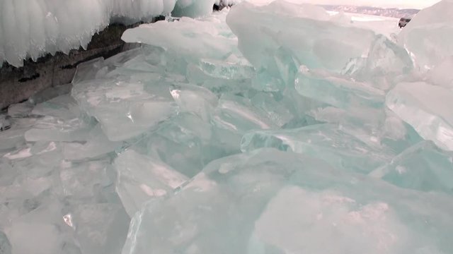 Close-up ice of natural glacier on Lake Baikal in Siberia.