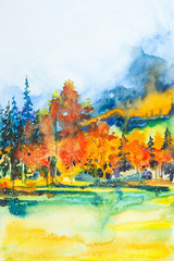 Watercolor illustration of a beautiful bright fall forest landscape