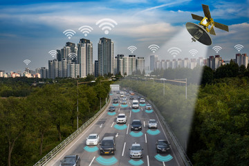 Smart car, Autonomous self-driving mode vehicle on metro city road IoT concept.