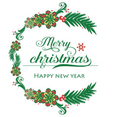 Ornament element of green leafy flower frame, for template of card merry christmas and happy new year. Vector