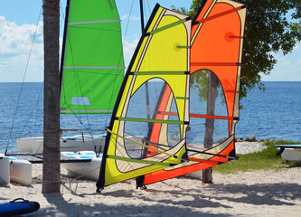 Closeup of colorful windsurf sails stored on Hobie Beach near Key Biscayne