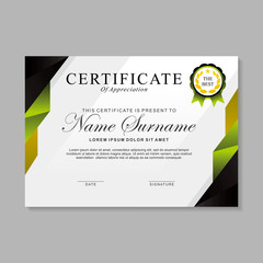 Modern certificate template design with black, green, gold and white color 