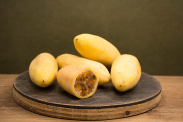 Exotic tropical fruit called curuba (Passiflora tripartita)