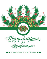 Vintage card of merry christmas and happy new year, with ornate art of colorful flower frame. Vector