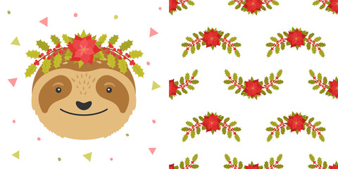 Sloth face with Christmas wreaths on the head. Cute Christmas animal and background for children's holiday or christmas for party decoration, wrapping paper, wallpaper, cards, invitations and