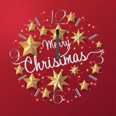 Fototapeta na wymiar Merry Christmas golden ball clock made of gold stars. Christmas greeting card in red background.