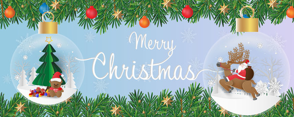 Merry Christmas and Happy New Year. Christmas tree branches and Christmas ball banner on pastel background.