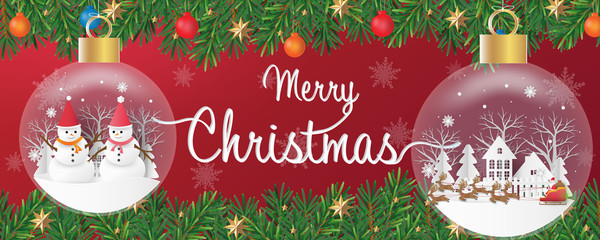 Merry Christmas and Happy New Year. Christmas tree branches and Christmas ball banner on red background.