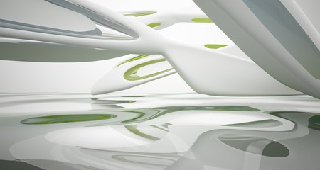 Abstract smooth architectural white interior with color gradient glass sculpture with water and  large windows. 3D illustration and rendering.