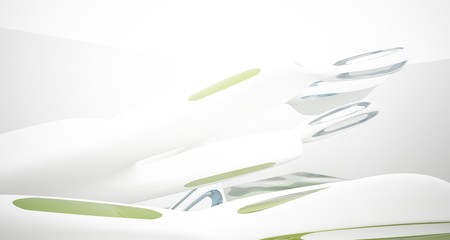 Abstract smooth architectural white interior with color gradient glass sculpture with water and  large windows. 3D illustration and rendering.