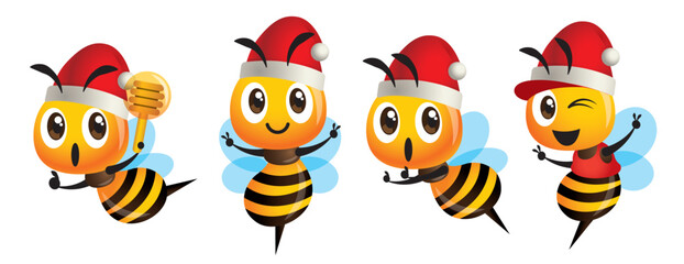 Merry Christmas! Cartoon cute bee mascot set. Cartoon cute bee wearing Christmas hat, showing victory sign, holding a honey dipper and wearing cap - Bee Vector character set