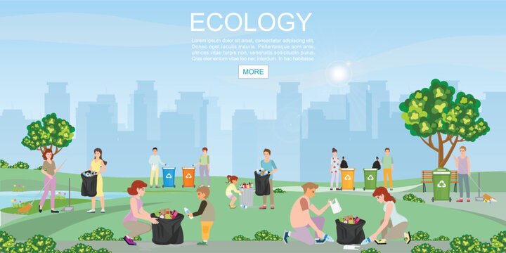 Volunteer cleaning garbage in the park on city view background.