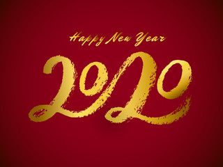 Fototapeta na wymiar Vector Handwritten gold lettering 2020 on red background.