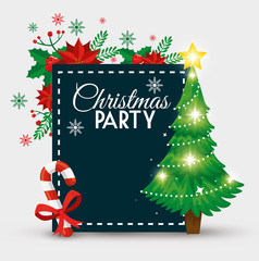 Fototapeta na wymiar party christmas card with pine tree and decoration vector illustration design