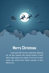 Origami Paper art of Poster Christmas background Santa Claus with full moon on the sky, Merry Christmas and Happy New Year