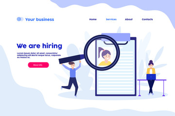 We are hiring, resume, cv, recruitment company, hr agency web page.Flat vector illustration isolated on white background. Can use for web banner, infographics, web page..