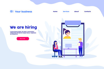We are hiring, resume, cv, recruitment company, hr agency web page.Flat vector illustration isolated on white background. Can use for web banner, infographics, web page..