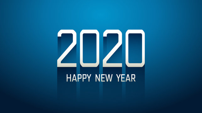 Happy New Year 2020 In Technology Modern Text With Long Drop Shadow On Blue Color Background