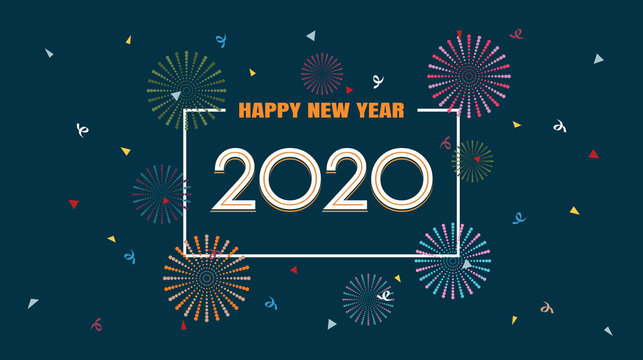 Happy new year 2020 with fireworks in flat icon design on dark blue color background