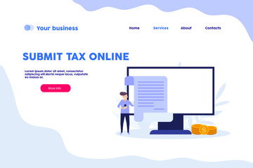 Submit tax online web page.Flat vector illustration isolated on white background. Can use for web banner, infographics, web page..