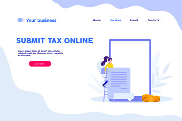 Submit tax online web page.Flat vector illustration isolated on white background. Can use for web banner, infographics, web page..