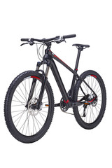 Isolated Black Carbon Mountain Bike 27.5 With Dual Suspension Fork in perspective view with White Background