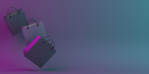 Black friday sale event design creative concept, flying shopping bag on black blue purple neon gradient background studio lighting, copy space text area. 3D rendering illustration.