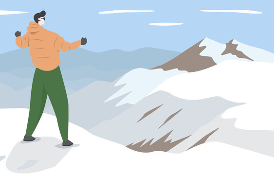 Hiker Mountaineer Man Standing on Top Ice Snow Mountain Flat Illustration