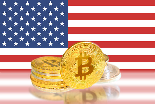 Bitcoin coins on USA 's Flag, Cryptocurrency, Digital money concept - Powered by Adobe