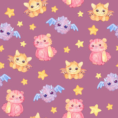 Seamless pattern with colorful, bright monsters, stars. Watercolor kids cartoon illustration. Hand drawn character.