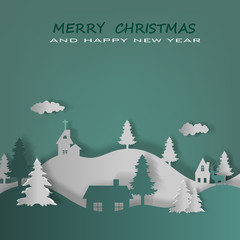Vector background of cut paper is overlapping layers. For card design, Christmas and New Year.Winter landscape with houses and trees.Santa Claus on the sky in winter season.