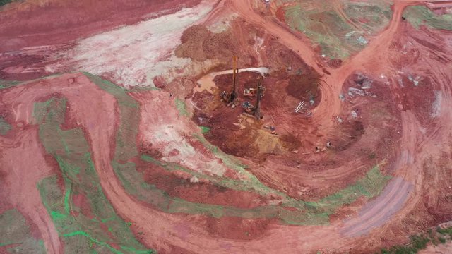 Aerial photography construction site drilling equipment work top view surround photography