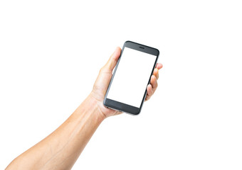 Man hand holding black smartphone isolated on white background, clipping path