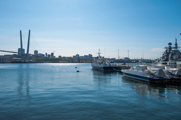 embankment of the city of Vladivostok in the fall with warships