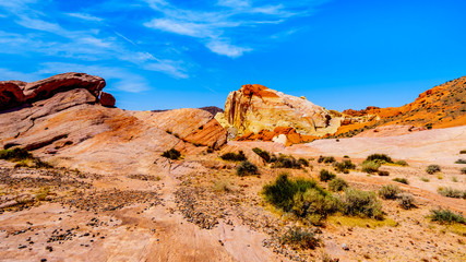 The colorful red, yellow and white banded rock formations along the Fire Wave Trail in the Valley of Fire State Park in Nevada, USA