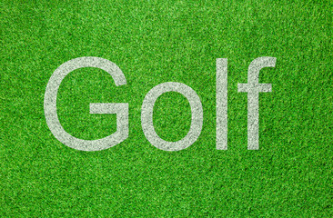 Grass with word ''golf''. Top view