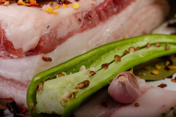 Pork belly fresh with spices macro photography pig meat