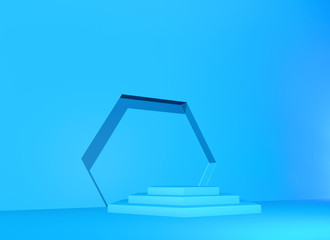 Pedestal or podium with steps and wall arch in the blue abstract background. 3D illustration