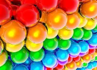 Abstract rainbow balls background or wallpaper with group of shiny colorful 3d objects. 3D illustration