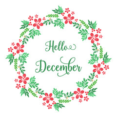 Border ornament of green leafy flower frame for calligraphy greeting card hello december. Vector