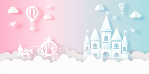 Cute castle town and city fairy tale in blue and paper cut style vector illustration - obrazy, fototapety, plakaty