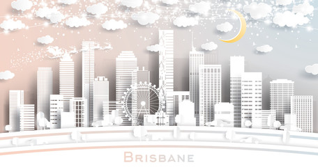 Brisbane Australia City Skyline in Paper Cut Style with Snowflakes, Moon and Neon Garland.