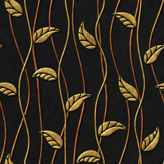 Fototapety  Gold and black seamless texture with leaves relief pattern, 3d illustration