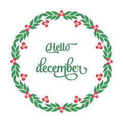 Design text hello december, with decorative of nature red flower frame. Vector