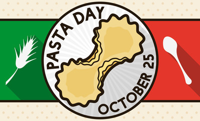 Button with Farfalline, Wheat and Spoon to Celebrate Pasta Day, Vector Illustration