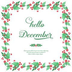 Template for poster hello december, with cute green leafy floral frame. Vector