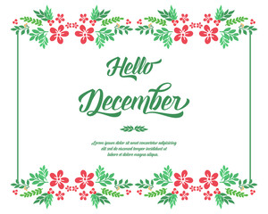 Template for poster hello december, with cute green leafy floral frame. Vector